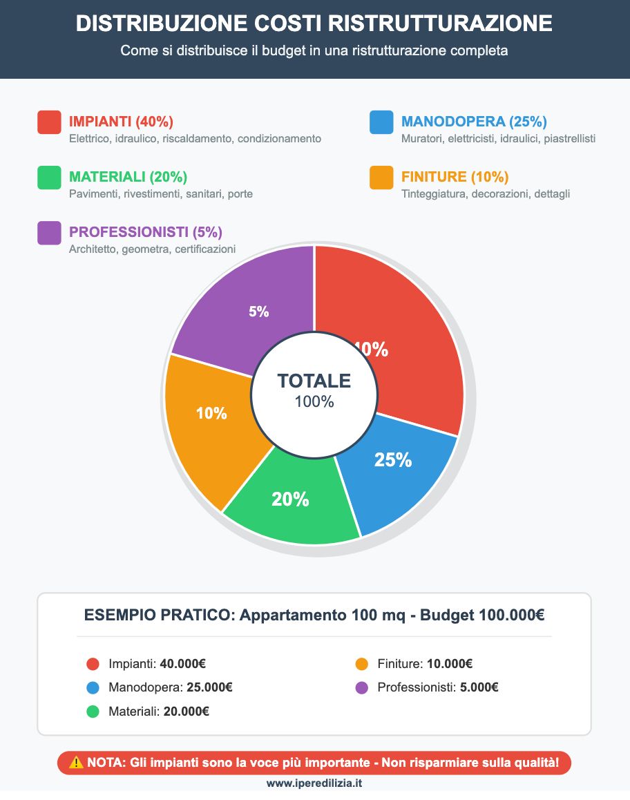 Grafico distribuzione percentuale costi ristrutturazione casa- 40% impianti, 25% manodopera, 20% materiali, 10% finiture, 5% professionisti